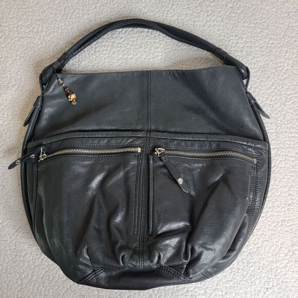 Vintage Olivia Harris Women's Leather Round Hobo Bag Black Y2K Shoulder Purse - Picture 1 of 12